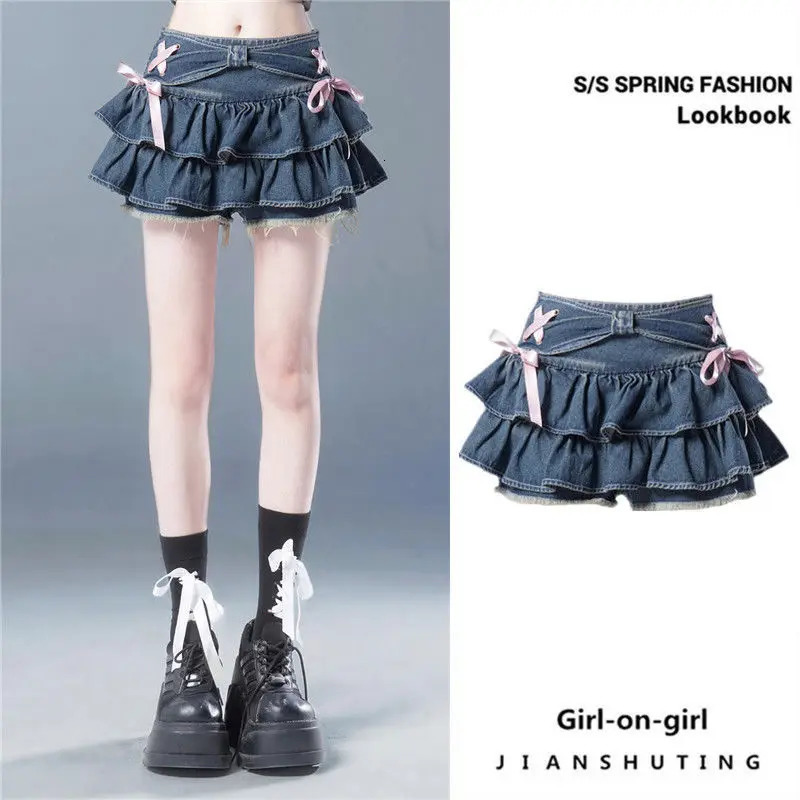Blue Denim Pleated Skirt Bow Fold n Womens A-line Short Skirt Built in Shorts American Spicy Korean Fashion sweet 250227