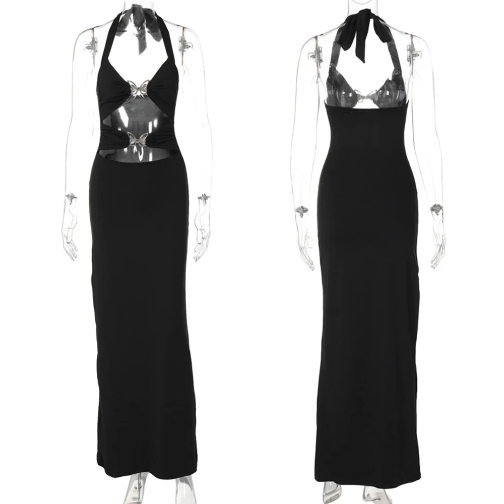 Sexy Hollow Maxi Womens Summer Fashion Bow Sleeveless Tight Evening Dress Party Dress Club Set 250226
