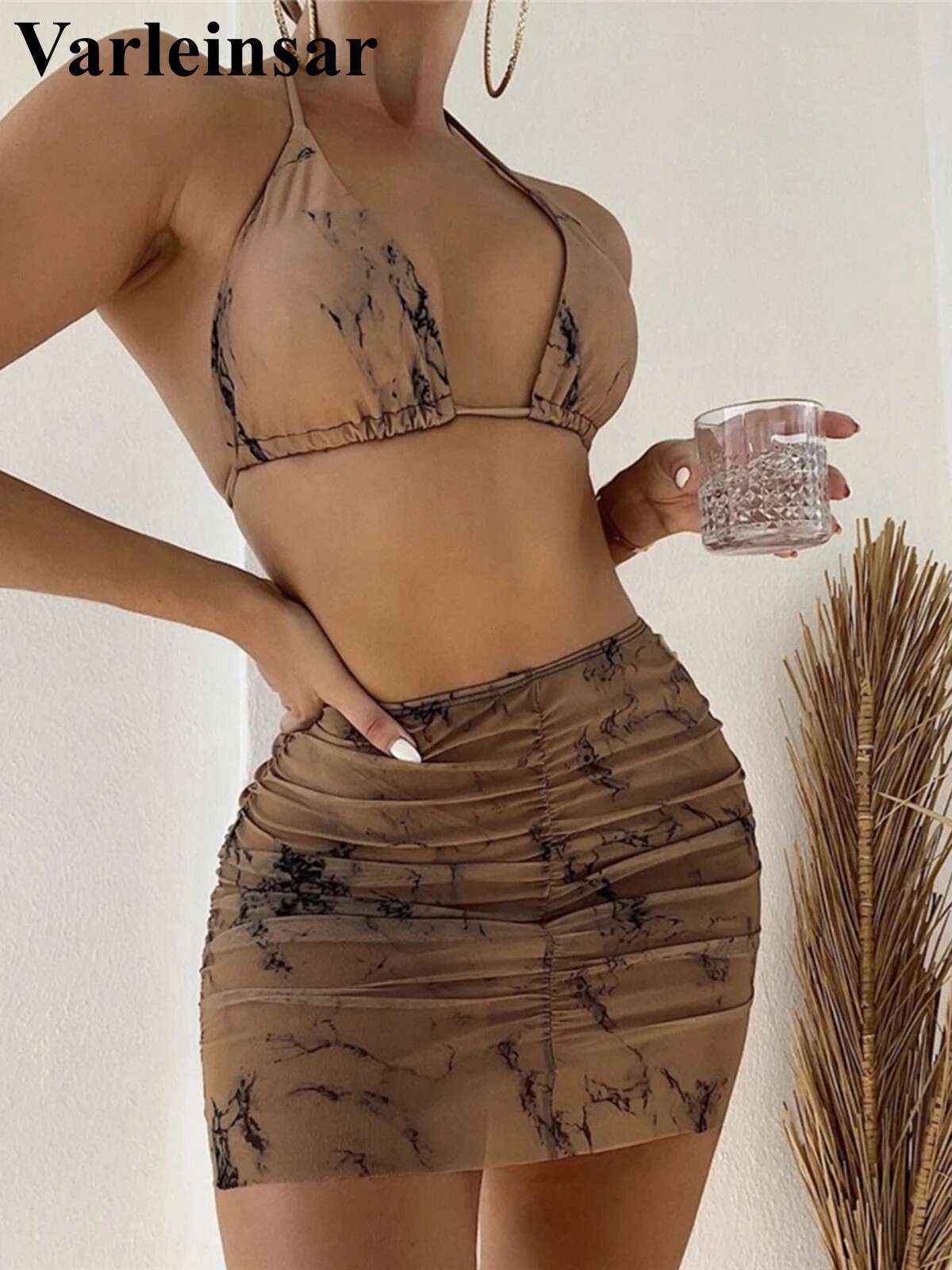 6 Colors Tie Dye With Skirt Halter Female Swimsuit Women Swimwear Three-Pieces Bikini Set Bather Bathing Suit Swim V4082