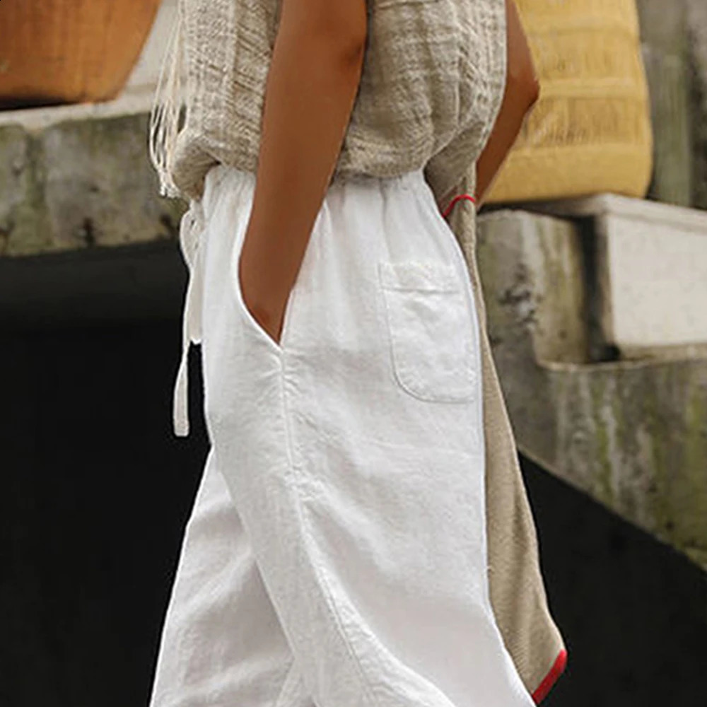 Women Simple Casual Trousers Cotton Linen Solid Color Pockets Drawstring Trousers Summer Thin Ladies Elastic Waist Chino Pants 250226