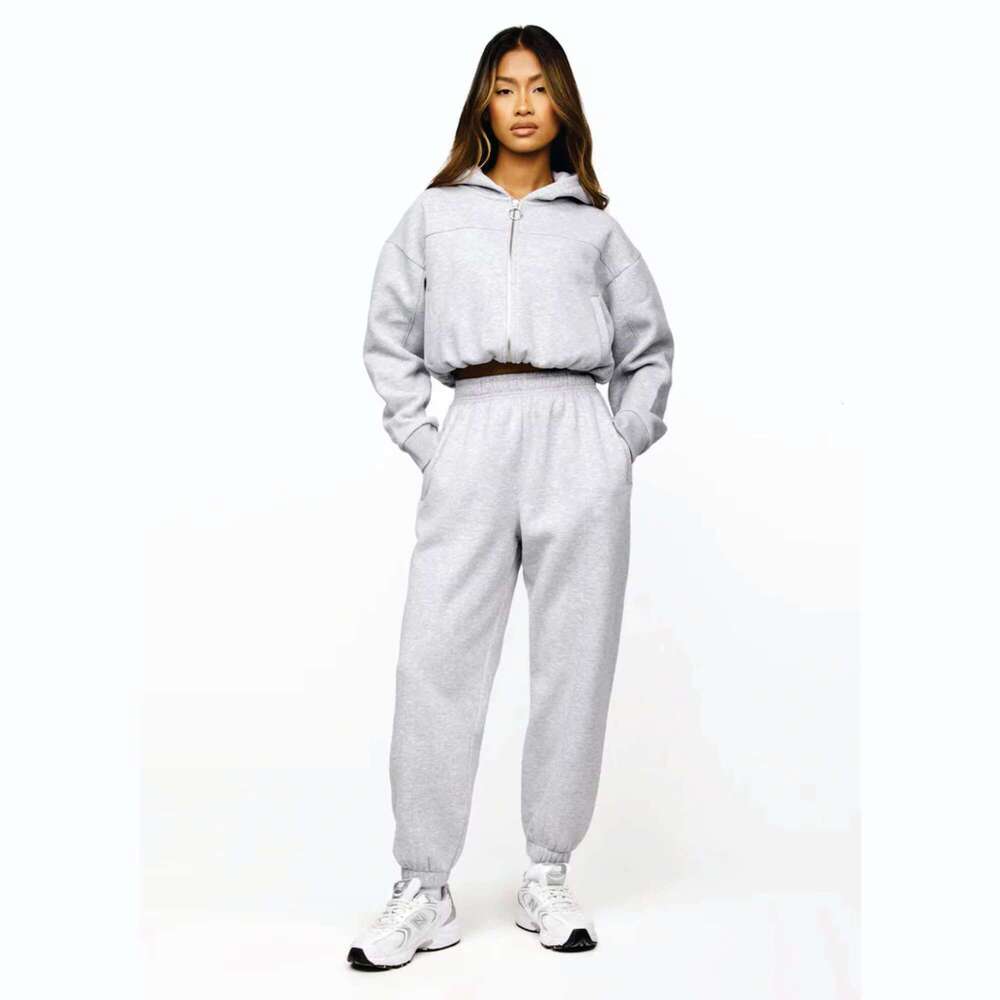 Women's Heather Grey Cropped Hoodie - 65% Cotton, 35% Polyester, Full Zip Athletics Club Tracksuit Top
