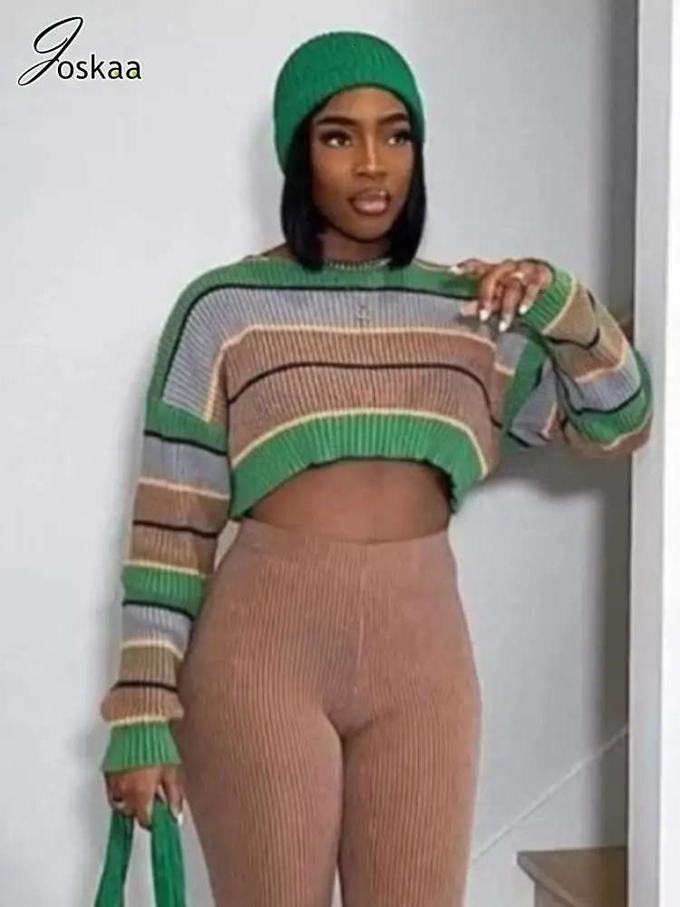 Joskaa Womens Striped Patchwork Knitted Floral Fashion Round Neck Full Sleeve Sweater Top Winter Retro Street Wear 250225