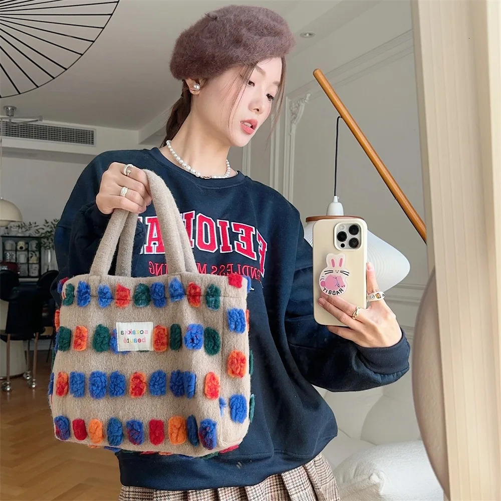 Color Plush Dots Handbags Retro n Female Fluffy Bucket Bags Large Capacity Shoulder Bag Purse Casual Tote 250221