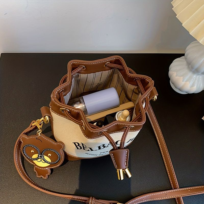 Letter Graphic Bucket Bag For Women - Canvas ing Crossbody Bag, Drawstring Shoulder Purse With Pendant