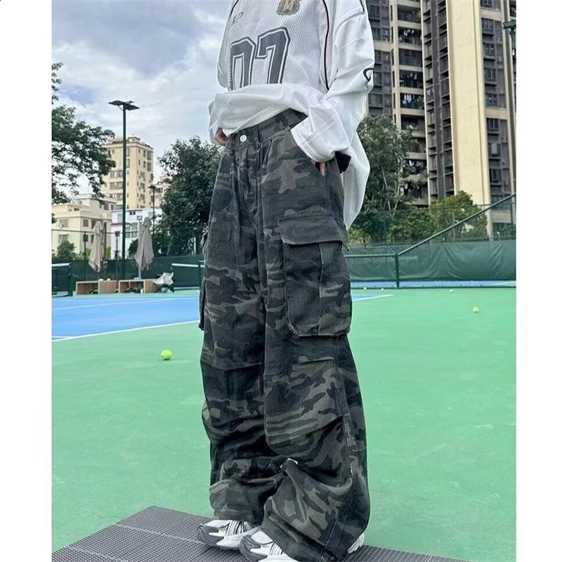 Womens Camouflage Large Pocket Wide Legs Unisex Pants Young Girl Street Straight Bottoms Female High Waisted Trousers 250226