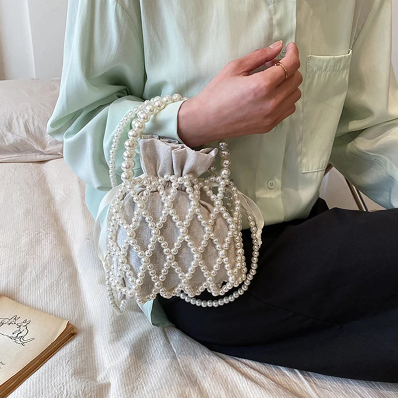 Handmade Pearl Bag Sweet Shoulder Tote Bead Handbag Women Summer Party Small Bucket Purse 250221