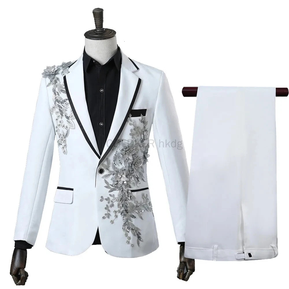 COLDKER Elegant Appliqued Mens Suits Slim Fit 2 Piece Formal Tuxedo Suits Blazer Pants with Bow Tie for Wedding Prom 250224