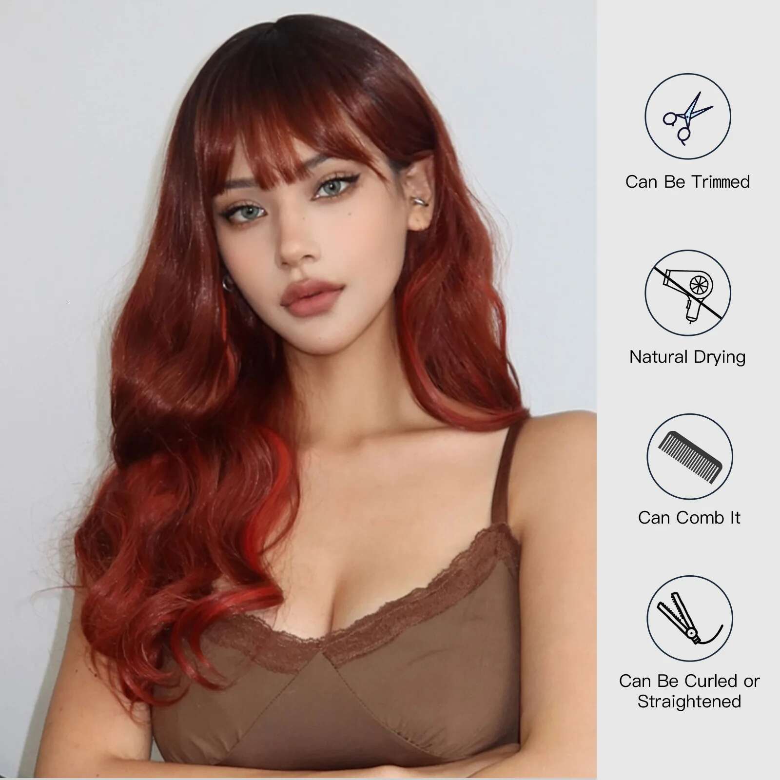 HENRY MARGU Auburn Synthetic Wigs With Bangs Ombre Long Wavy Wig For Daily Use Soft Natural Heat Resistant Party Fake Hair