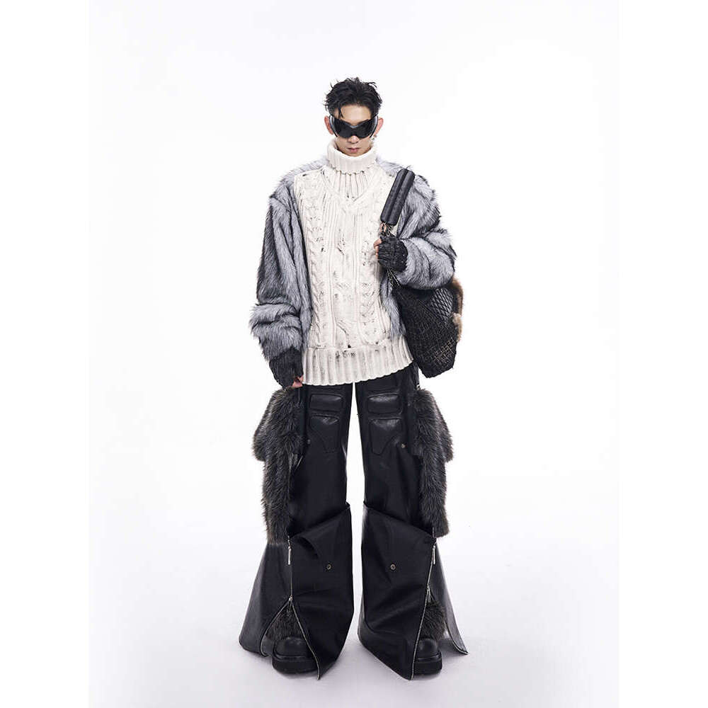 S men's high neck spliced sweater, autumn and winter, thick velvet lining and hand-painted knitted sweater Fur spliced sweater