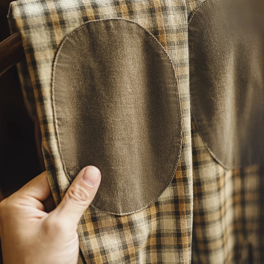 Maden Vintage Plaid Longsleeved Shirts with Corduroy Splicing Lapel n Jackets for Mens Autumn Daily Tops 250226