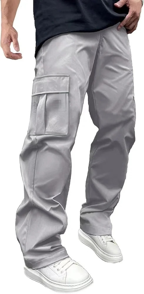 Woven fabric selling solid color casual inventory ordinary mens loose straight pipe work clothes drawstring multiple pockets 250228Z