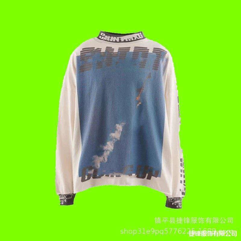 New Hip Hop American Trendy Collar Letter Splicing Men's Women's Long Sleeves Washed and Used Graffiti Loose Round Neck