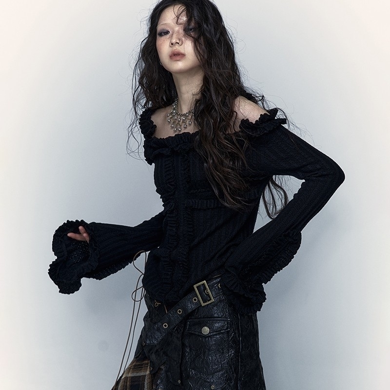 Karrcat Grunge Aesthetics Knitted Top Retro Shoulder Tattoo Printed Tshirt Punk Black Ribbed Gothic 250226