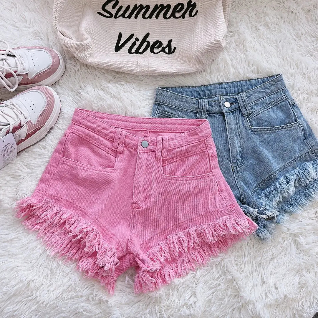 2025 Summer Womens Tassel Denim Shorts Jeans Ruffled Fringe Perforated Pants 250228Z