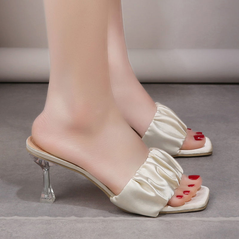 2025 Summer New One Word Slippers With Folded Suede Square Head Thin Middle Heel Cool Dragging Open Toe High Heels Women's Shoes For Outdoor Wear