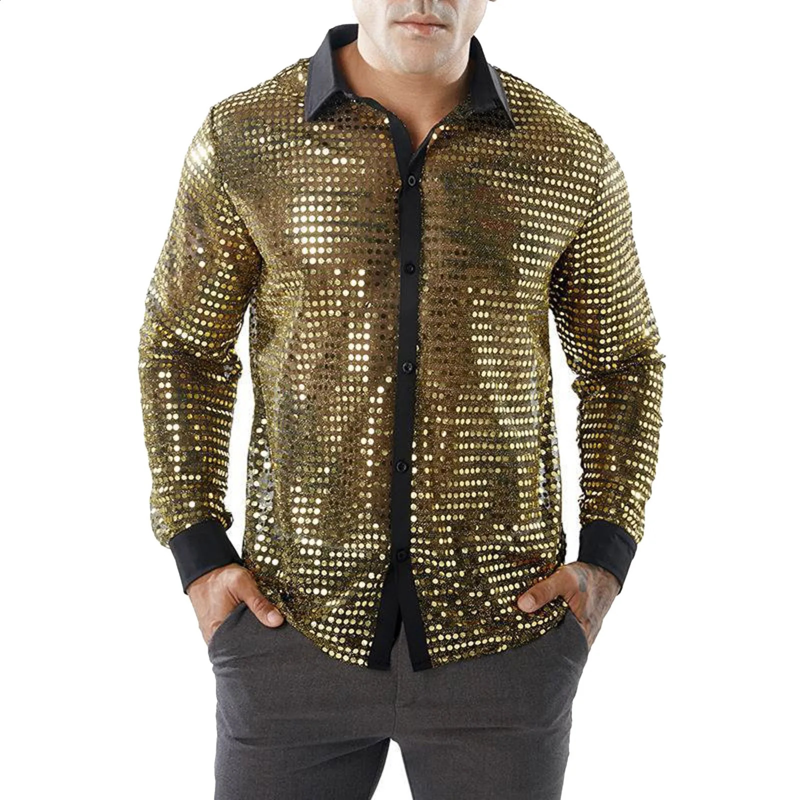 Mens Performance Sequin Shirt Lapel 70s Wear Trend Long Sleeved Haruku Streetwear 250222