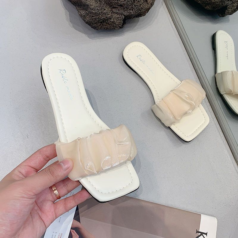 Slippers Women's Summer Outer Wear 2025 New Fashion All-match Square Head Flat Bottom Pleated One-word Drag French Sandals And Slippers
