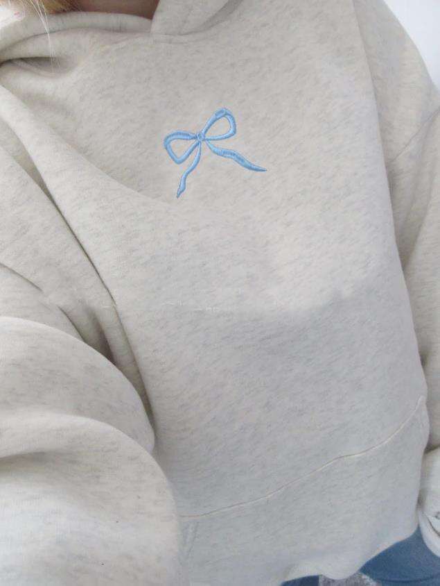 American trend new cotton minimalist floral letter bow pattern gray pullover hoodie top