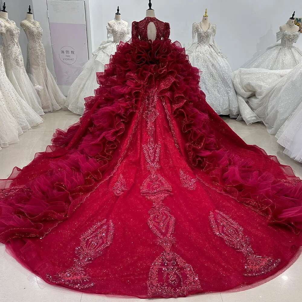 Red Dresses for Women, V-neck, Ruffles, Beaded, Sexy, Long Sleeve, Backless, Wedding Dress, XS105, 2024