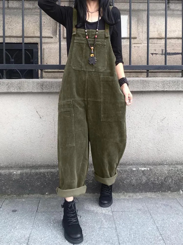 ZANZEA Autumn Rompers Solid Wide Leg Playsuits Women Casual Straps Suspender Overalls Vintage Corduroy Jumpsuits Overview 250225