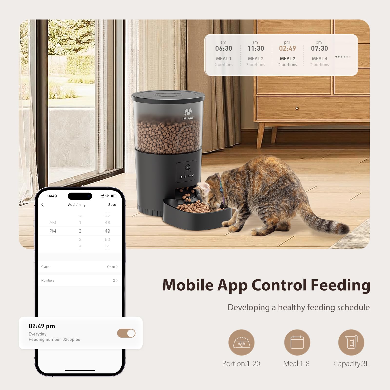 Automatic Cat Food Dispenser, WiFi Cat Feeder with APP Remote Control for Dry Pet Food, Programmable Timer, Dual Power Supply, Slow Feeder for Cats & 