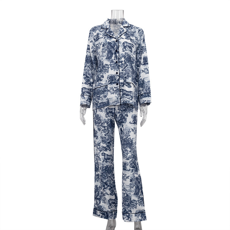 New4 Spring And Autumn New Ink Printing INS Simple Small Collar Sleeve Long Pants Two Piece Set Women's Wear