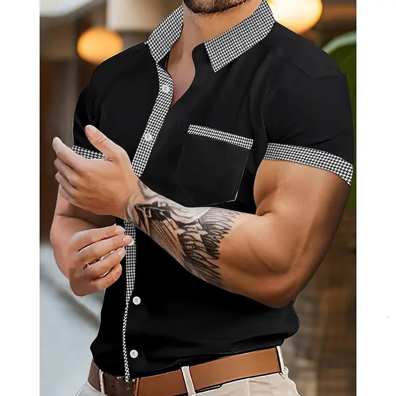 Mens Shirts Casual Shirts Beach Shirts Button Down Shirts Short Sleeve Houndstooth Lapel Vacation Hawaii Clothing Smart Casual 250227