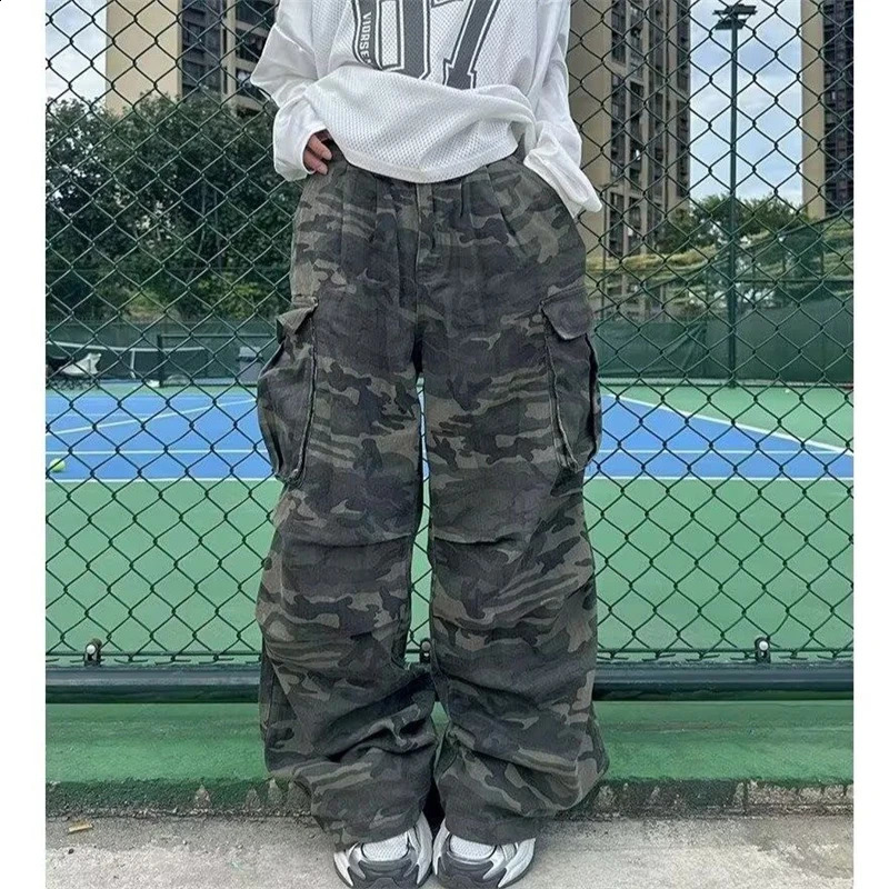Womens Camouflage Large Pocket Wide Legs Unisex Pants Young Girl Street Straight Bottoms Female High Waisted Trousers 250226