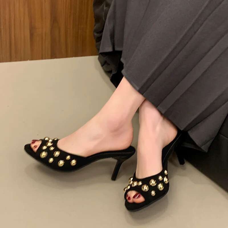 Studded Peep Toe Stiletto Slip on Gold Rivets Decor Classic Sexy Women Summer Sandals Dress Party Daily Casual Single Shoe