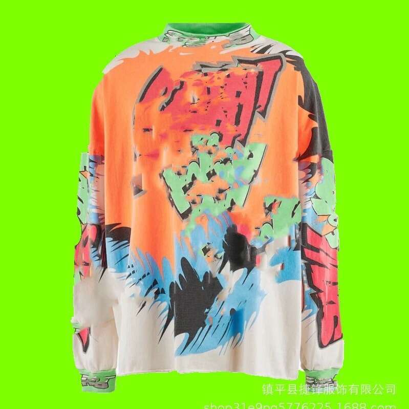 New Hip Hop American Trendy Collar Letter Splicing Men's Women's Long Sleeves Washed and Used Graffiti Loose Round Neck