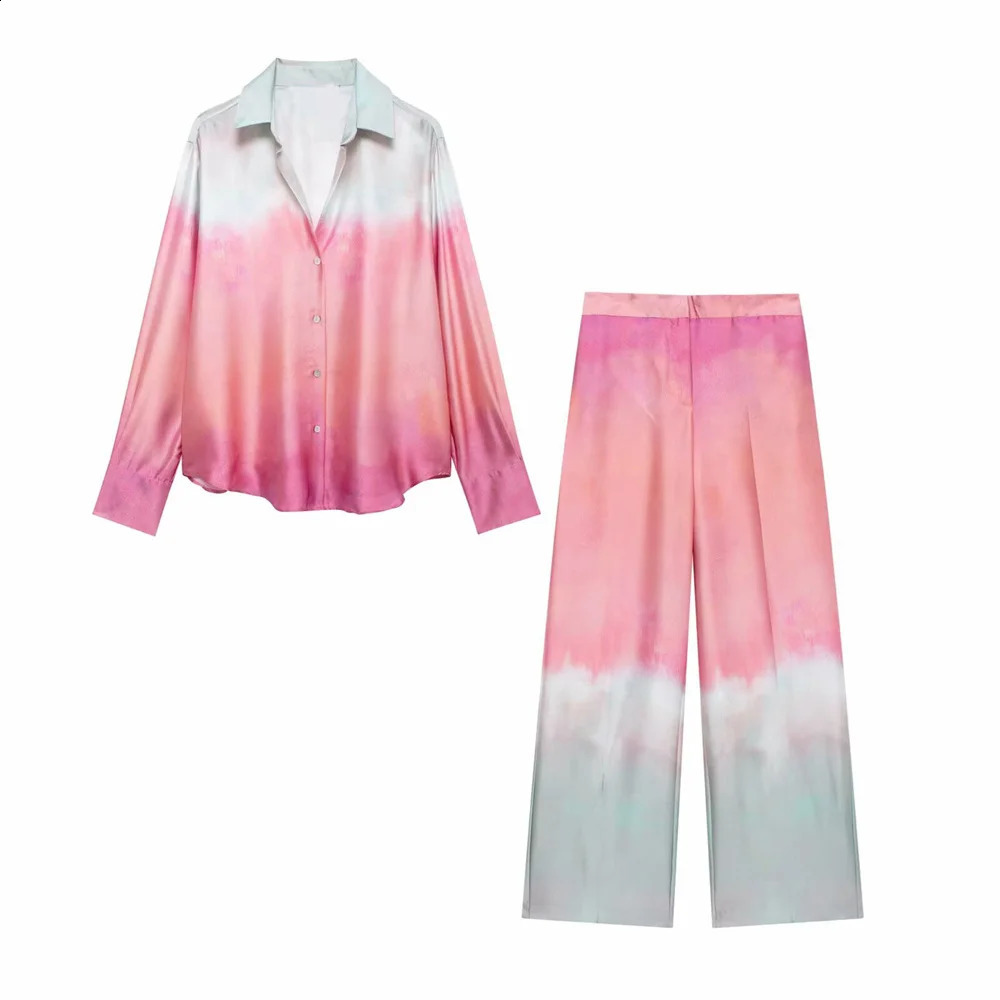 TRAF Autumn womens fashionable casual loose collar long sleeved tie dye printed shirt high waist wide leg pants set 250228