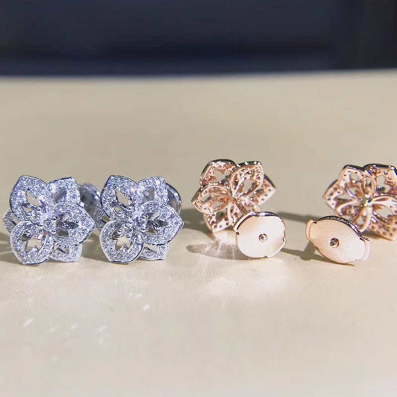 Stud Earrings 925 Sterling Silver Stud Hollow Rose Diamond Stud Women Fashion Sparkling Crystal Stud Engagement Party Jewelry