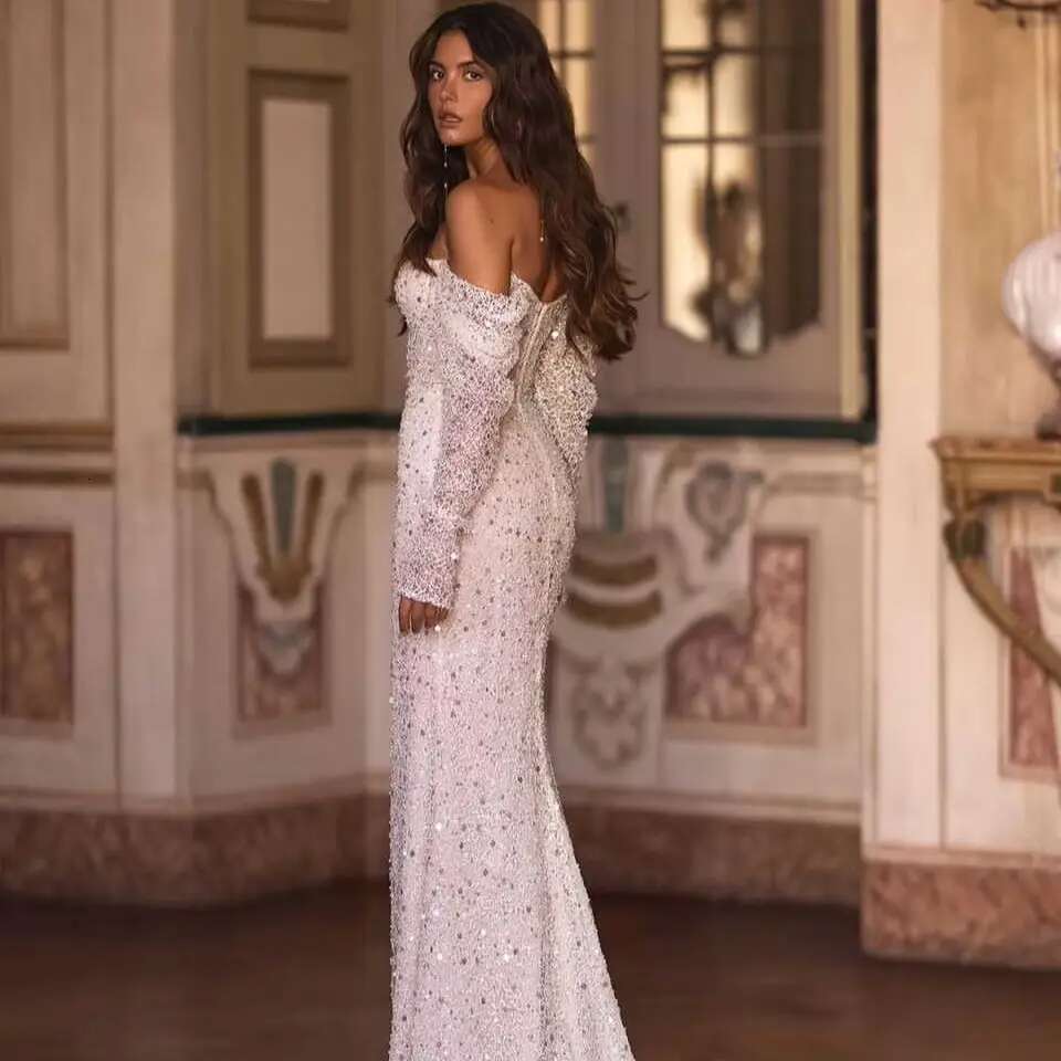 Bg Mermaid Dress Lace Strapless Slit Side Long Sleeve Wedding Dresses Custom