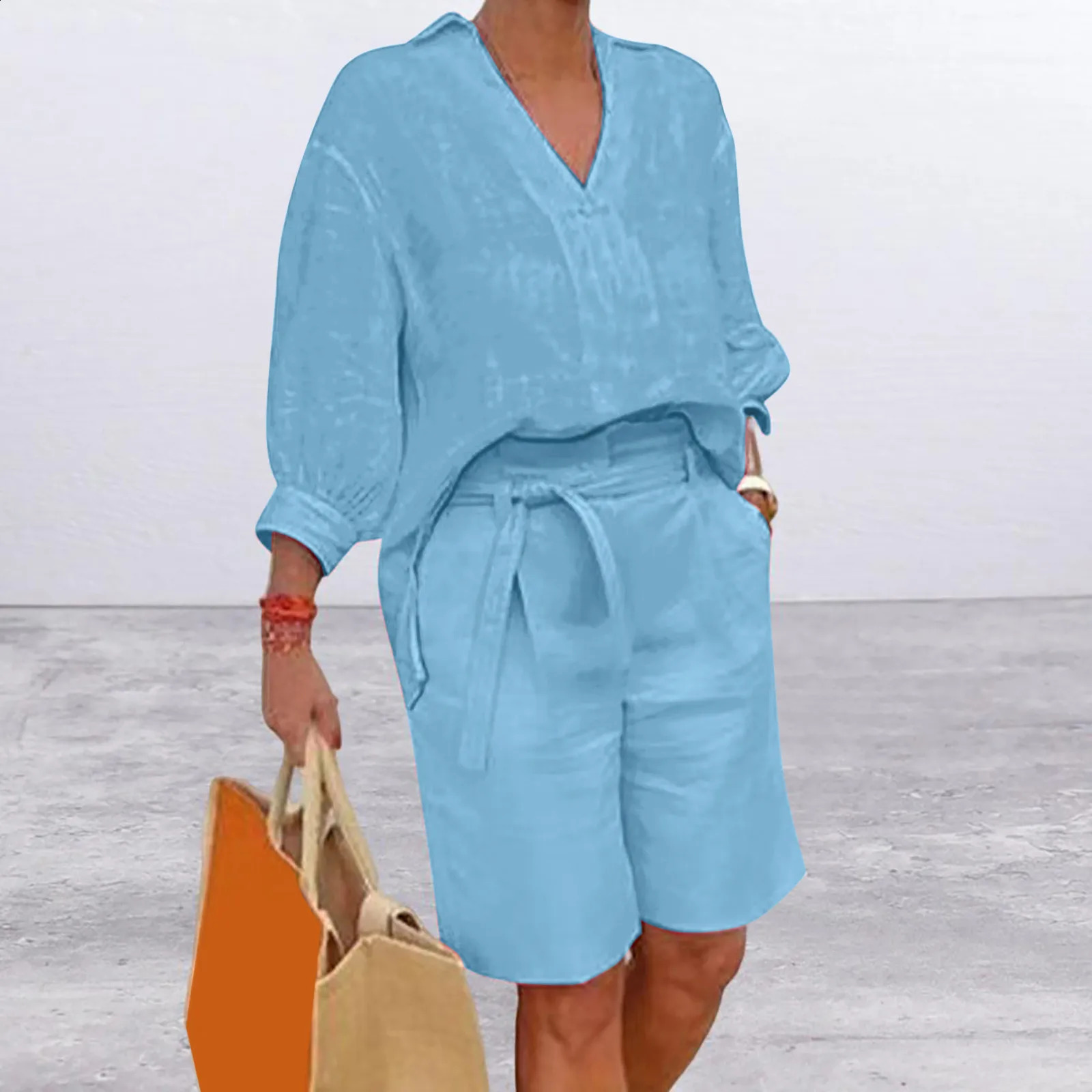 Fashion Half Sleeve VNeck Shirt Casual Loose Two Piece Set For Women Straight Pocket Belt Pants Summer Cotton Linen Suit 250228