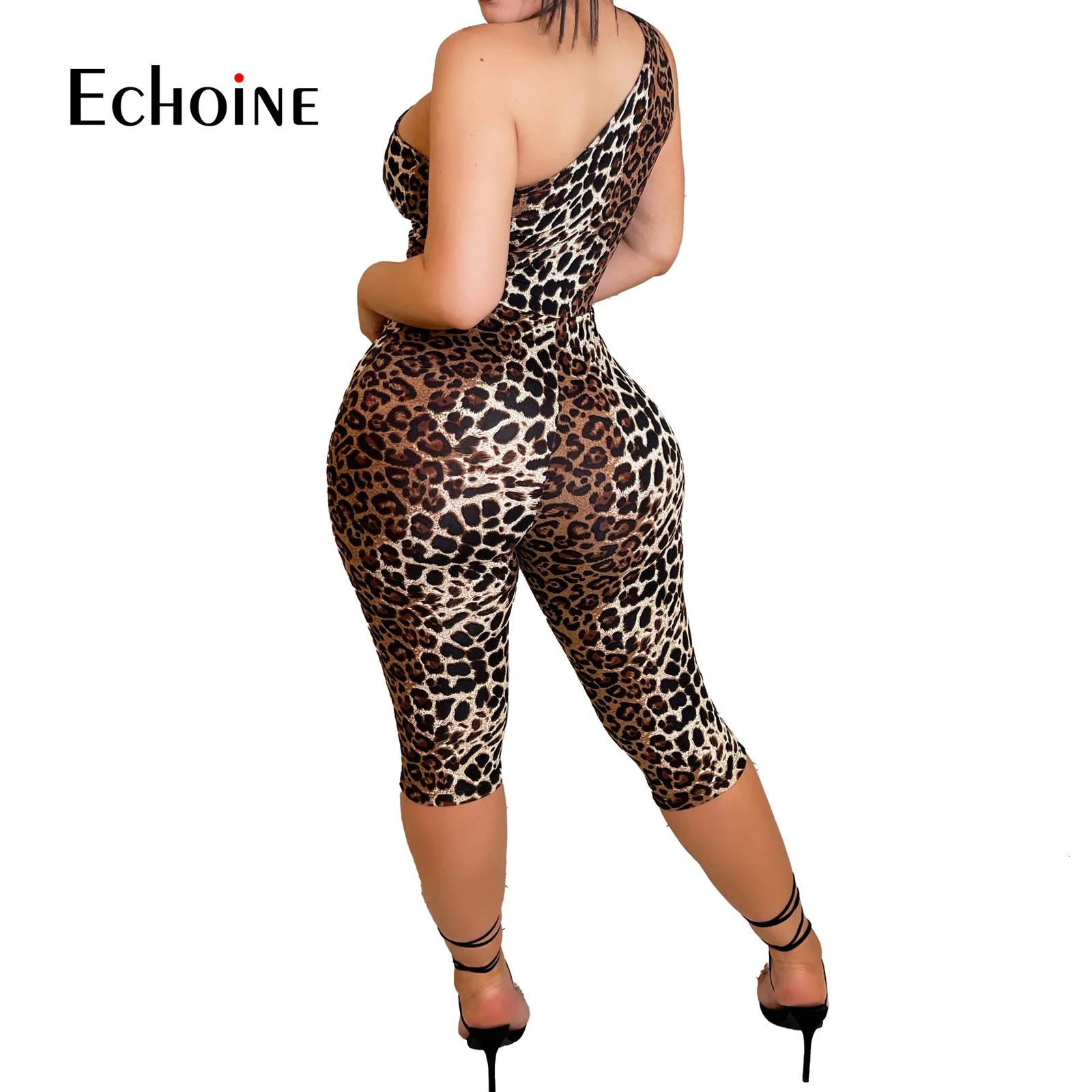 Echoine summer womens leopard print jumpsuit single shoulder hollow thin jumpsuit fashionable nightclub tight and sexy streetwear 250224