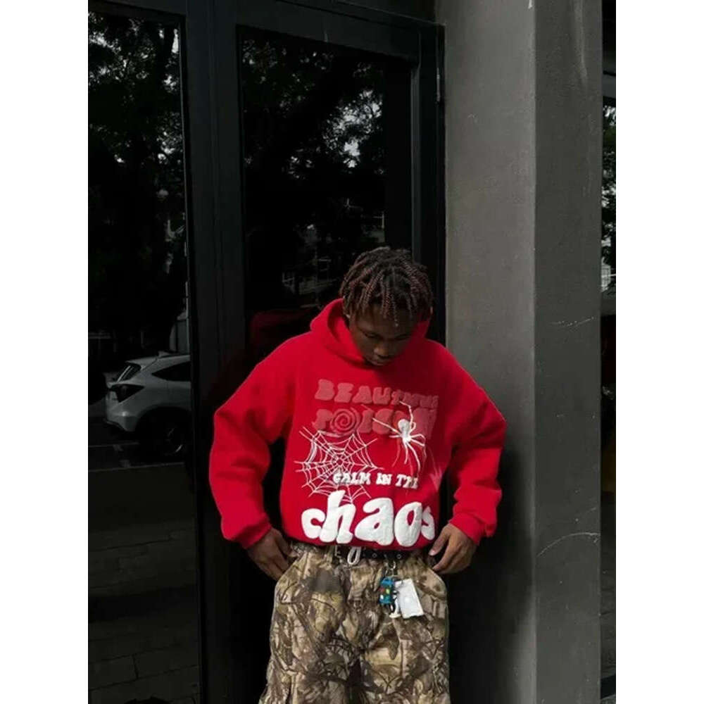 New autumn and winter monsoon letter spider web foam print loose hip-hop hooded sweatshirt