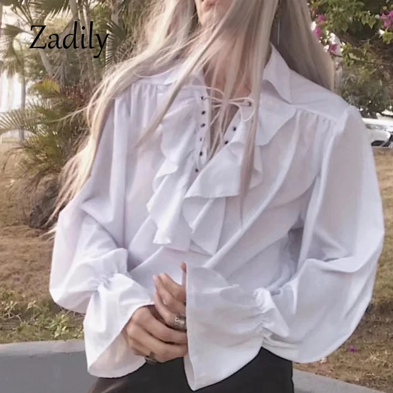 Womens Pirate Shirt Prince Poet Shirts Medieval Buccaneer Frills Lace Up Renaissance Vintage Gothic Blouse Tops 250210