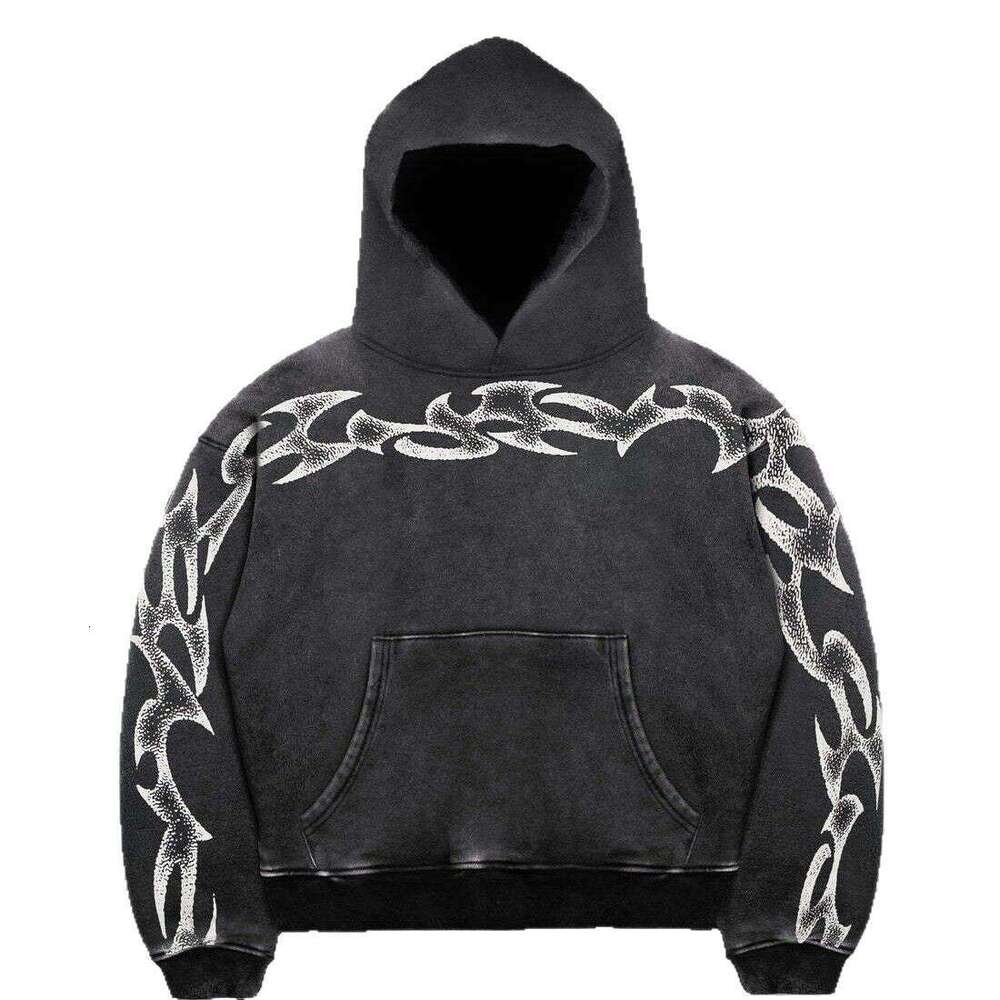 Washed Totem Printed Personalized Hip Hop Rock Dark Men's and Women's Gothic Loose Round Neck Hoodie