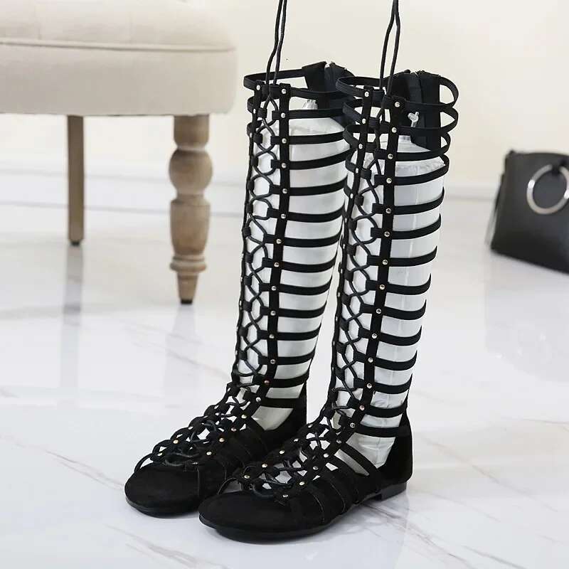 Women Strappy Open toe Knee High Summer Gladiator Flat Sandals Roman Bandage Casual Boots shoeskf65