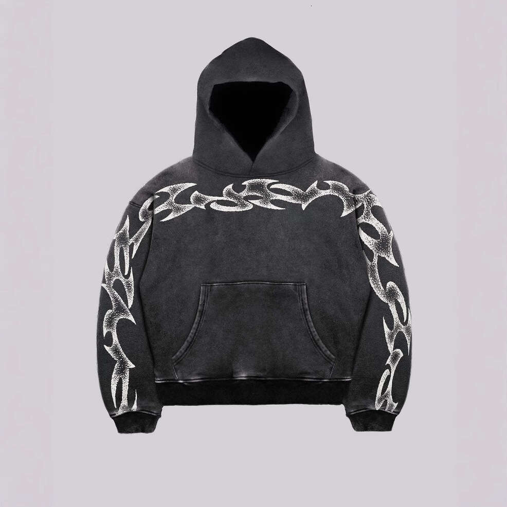 Washed Totem Printed Personalized Hip Hop Rock Dark Men's and Women's Gothic Loose Round Neck Hoodie