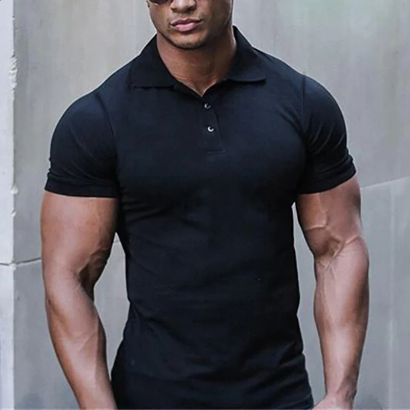 Summer Fashion Mens Polo Shirt Stretch Cotton Gym Clothing Sports Polos Male Spring Casual Short Sleeve Breathable T Shirt 250228