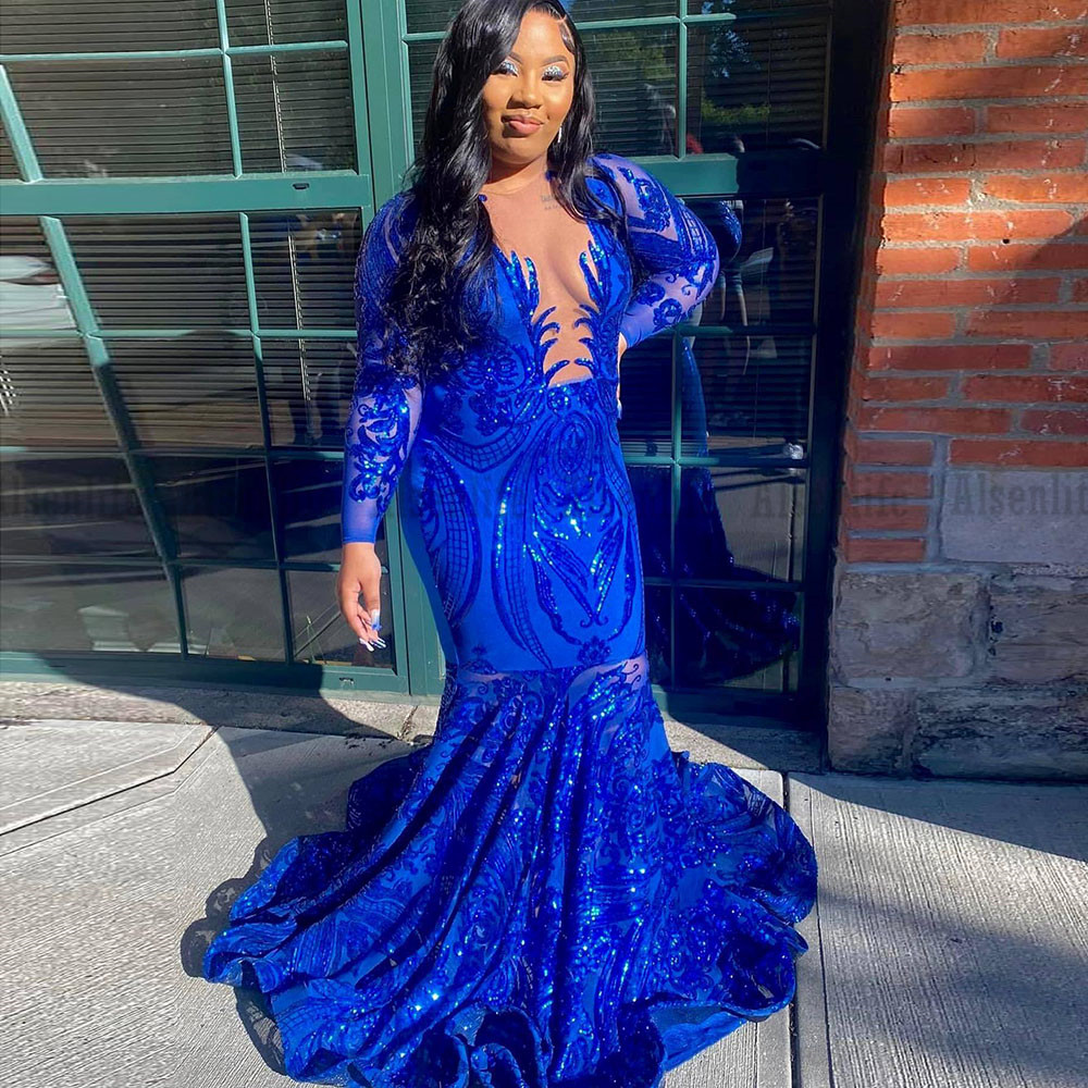 Elegant Royal Blue Prom Dresses For Black Girl Luxury Mermaid Evening Gowns Long Sleeves Club Party Wear Customized