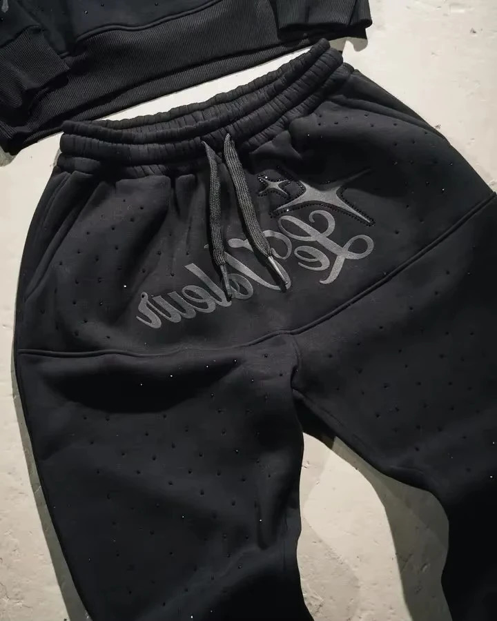 Letters rhinestone sequin hooded sweatshirt twopiece set Y2K mens letter ed casual pants 250228