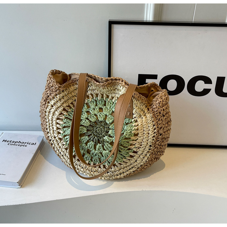 2025 Summer New Simple Round Shoulder Straw Woven Beach Fashion Women's Bag, Vegetable Basket Bag #swissmilitary