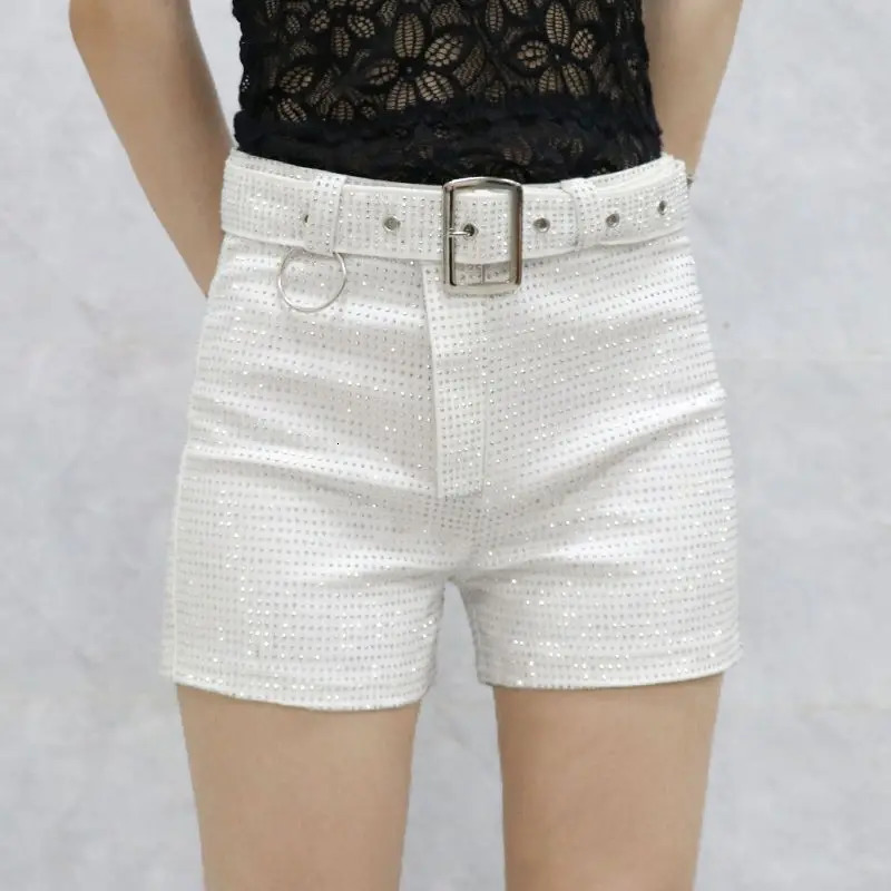 Shorts Women Wide Leg Shorts High Waist Sexy Fashion Elastic Waist Diamond Casual Pants Female Belt Shorts Jeans Q780 250227