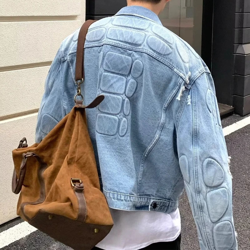 Retro denim jacket mens convertible turtle shell pattern hip-hop bomber jacket high street loose American ripped denim jacket 250225