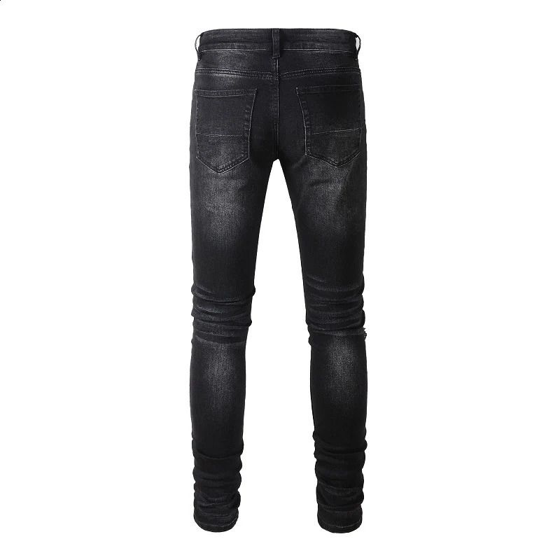 Mens Cracked Red Pleated Patch Biker Jeans Streetwear Patchwork Stretch Denim Pants Skinny Tapered Black Trousers 250228