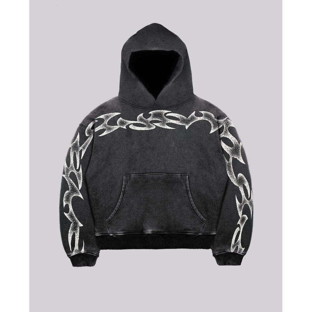 Washed Totem Printed Personalized Hip Hop Rock Dark Men's and Women's Gothic Loose Round Neck Hoodie