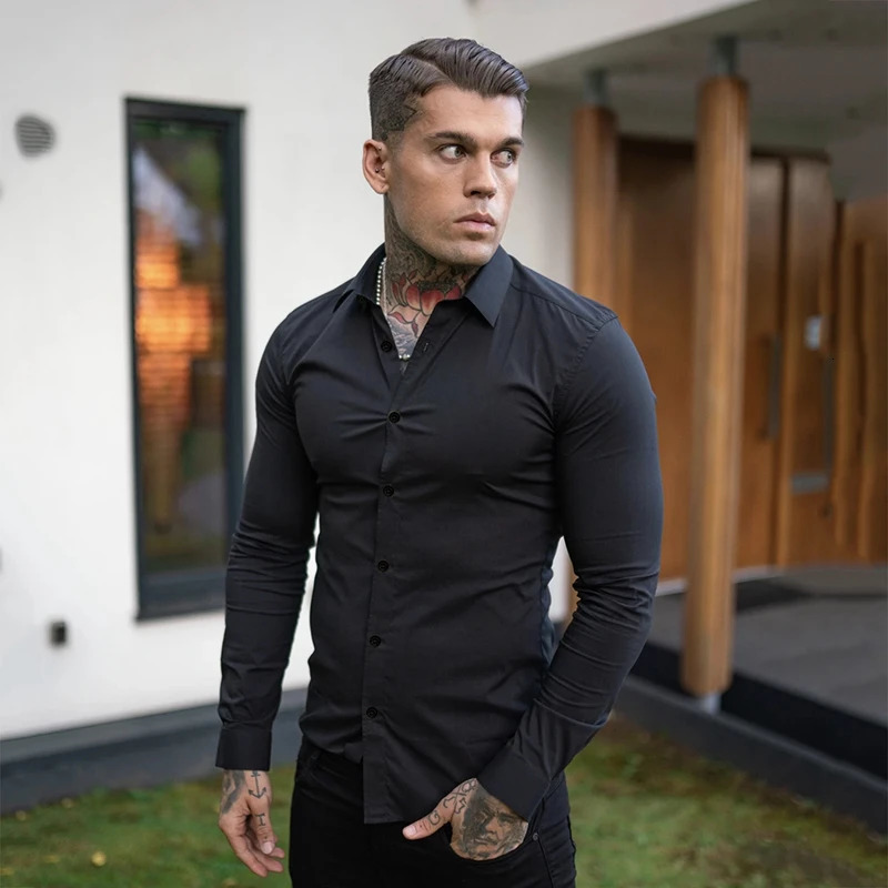 Autumn Fashion Long Sleeve Shirt Mens Spring Super Slim Fit Casual Social Business Dress Men Gym Fitness Sports Clothing 250226