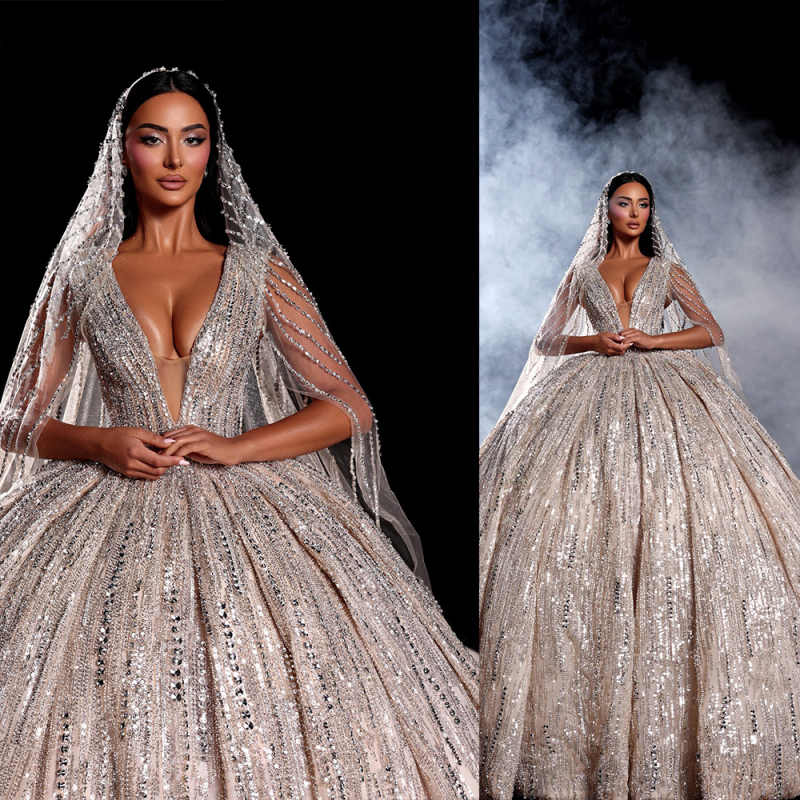 Brilliant Wedding Dresses Ball Gown Deep V-Neck Lace Crystal Appliques Beads Bling Sequins Floor-Length Court Gown Customized Bridal Gowns Vestidos De